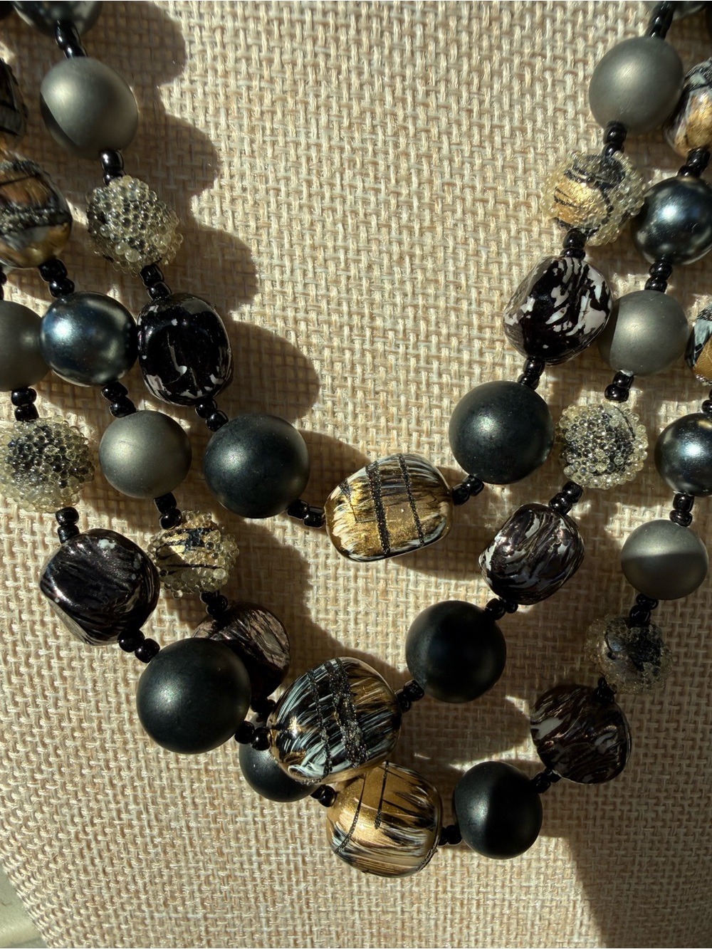 Japan Multi-Strand Black Gold Tone textured Beaded Vintage Statement Necklace - Picture 5 of 11